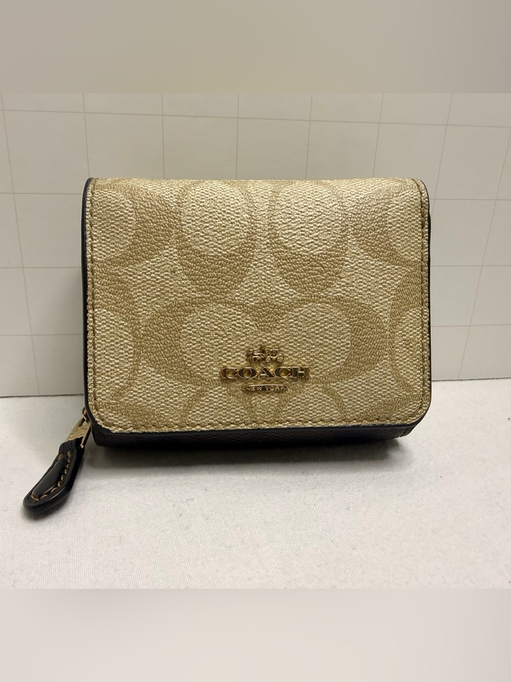 Coach Metallic Gold Signature Compact Wallet with Black Trim